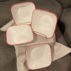 2015 Corelle Square RED RIM-4 Soup/Cereal Bowls-Country Dawn Pattern-6 &3/8"-EUC